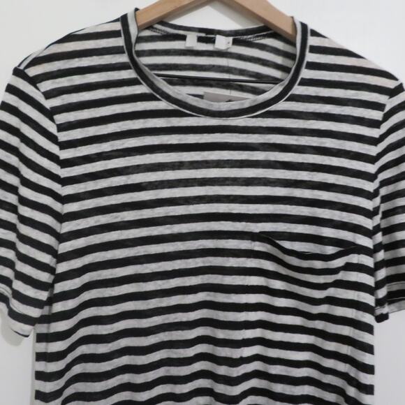 A.L.C. Womens Sz M Black White Striped Linen Short Sleeve Top Keyhole Back - Picture 3 of 6
